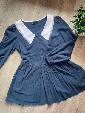 Zara Navy Blue Button Front Prairie girl Cottagecore Dress White Lace Collar